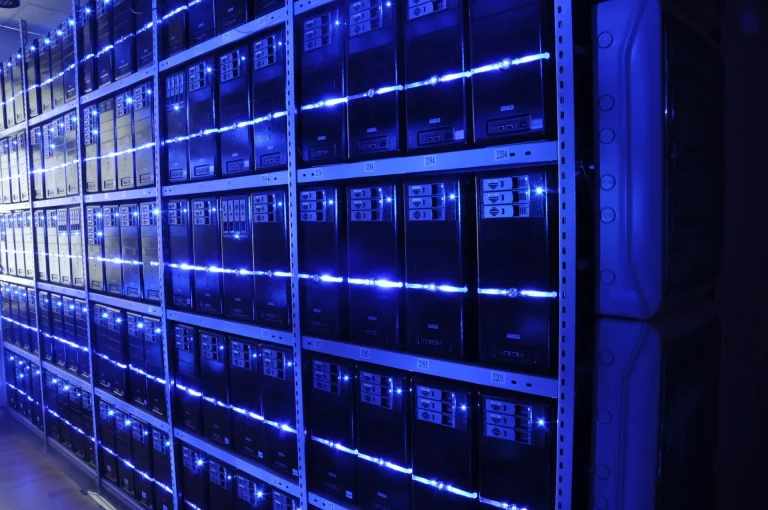 The roof of a data centre building lined with cooling equipment.