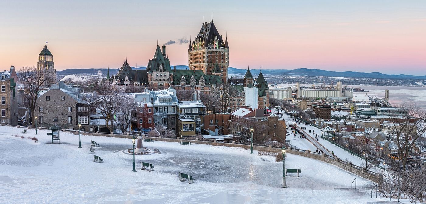 A city skyline in winter